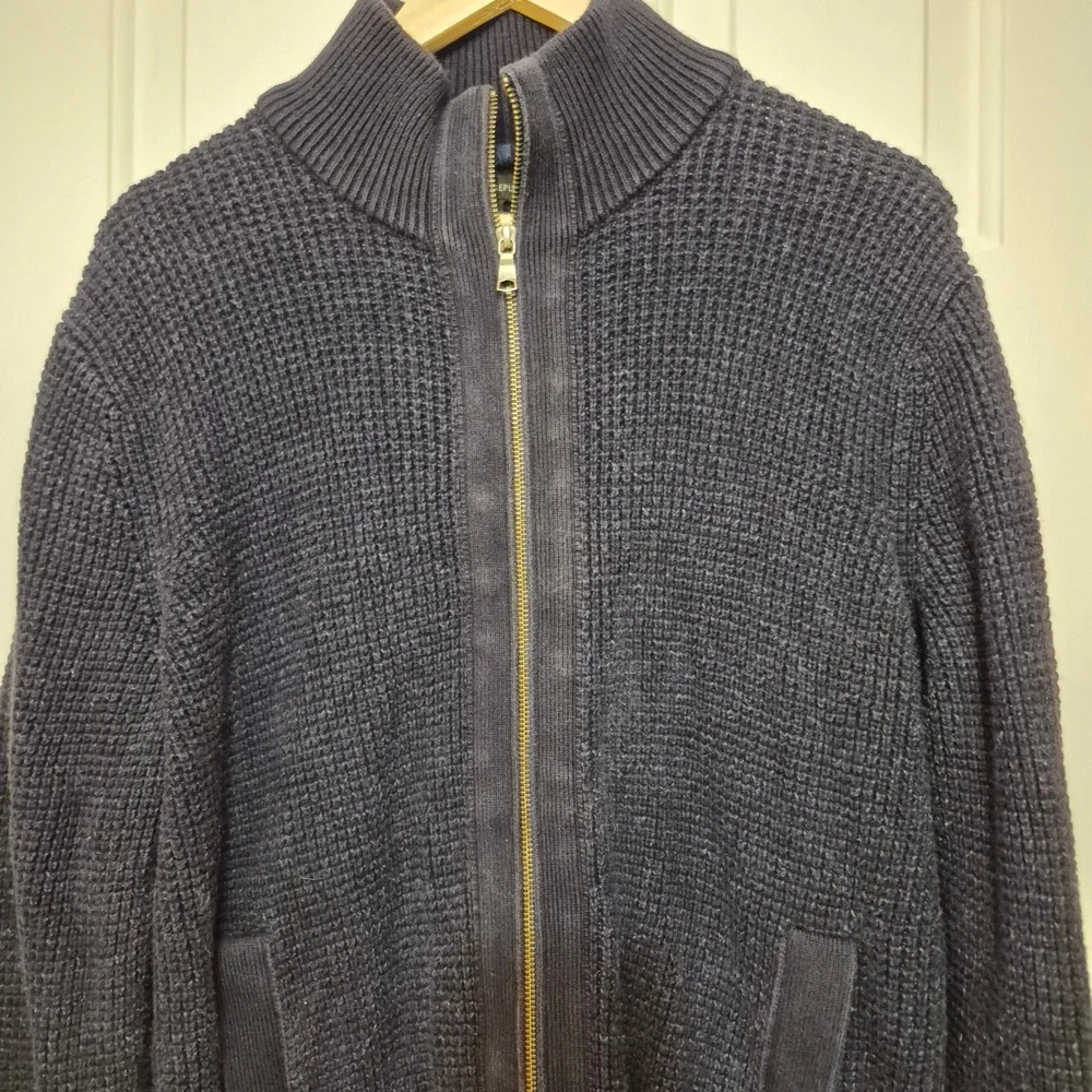 Banana Republic Mens Navy Blue Waffle Knit Full Zip Cardigan Sweater Large L